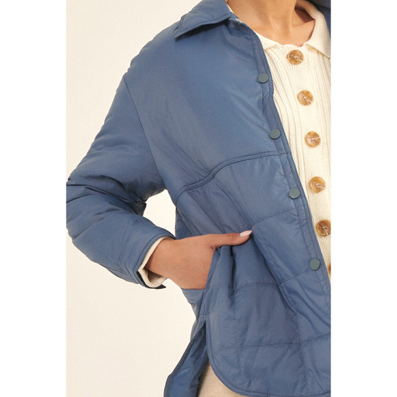 57 - Blue Solid Woven Quilted Dolphin Hem Jacket - Picture 4 of 4